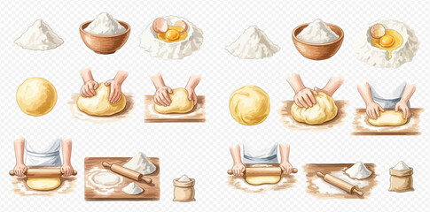 A set of watercolor illustrations showing the process of making dough from scratch. © studio