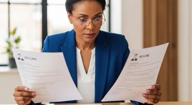 focused professional woman reviewing resumes at modern wood desk in office