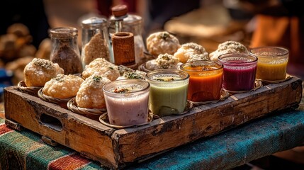 Fototapeta premium Colorful display of street food snacks with various sauces and spices in traditional wooden tray at local market in vibrant cultural setting