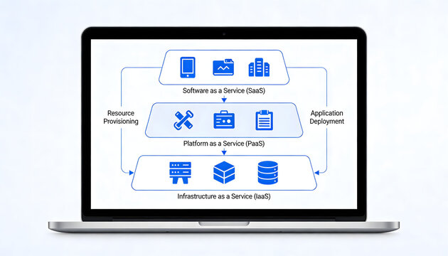 A laptop displaying a diagram illustrating the cloud computing stack iaas paas and saas high quality