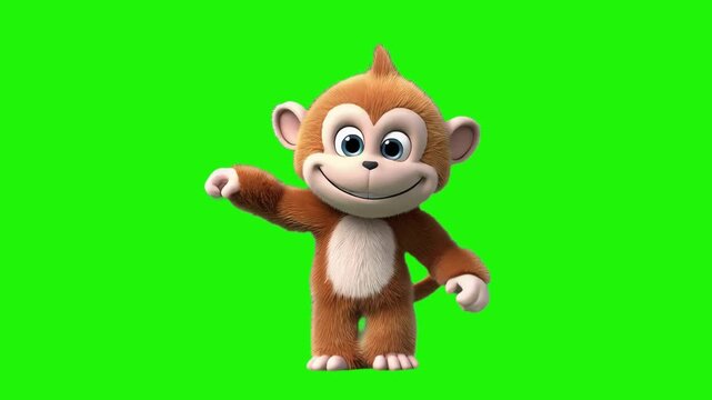 A cheerful 3D animated monkey with brown fur performing a joyful dance routine against a bright green chroma key background. This isolated character animation is perfect for children's entertainment, 