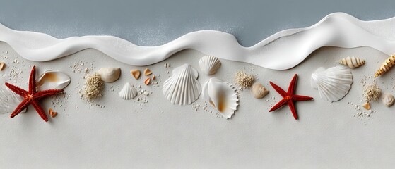 Fototapeta premium Colorful seashells and starfish located on a beach with white sand and blue water wave, viewed from above during daytime