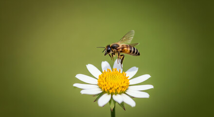 Honeybee landing on a white daisy flower, macro shot, blurred green background