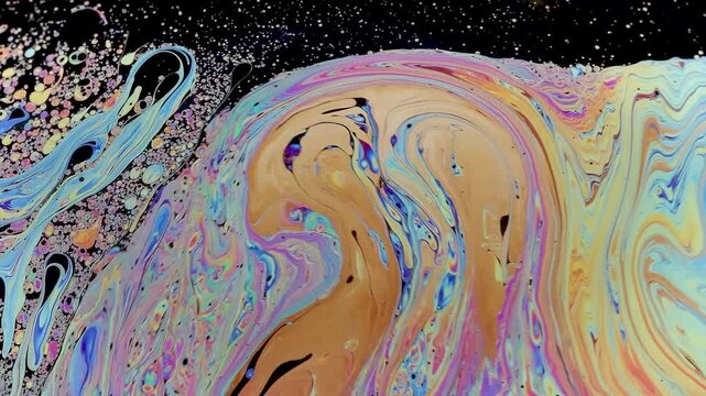 Soap bubble breaking apart in slow motion near collapse. Its fragile surface fragments, stretches and thins, revealing the final stage before bursting completely.
