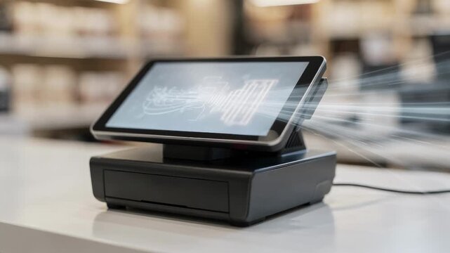 Medium shot highlighting a pointofsale terminal receiving replicated software the device in sharp focus while the surroundings are softly blurred.
