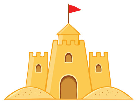 Whimsical yellow sandcastle with a red flag on top sits atop sandy dunes