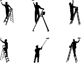 Six black silhouettes of painters on ladders with rollers and brushes. © Abdul