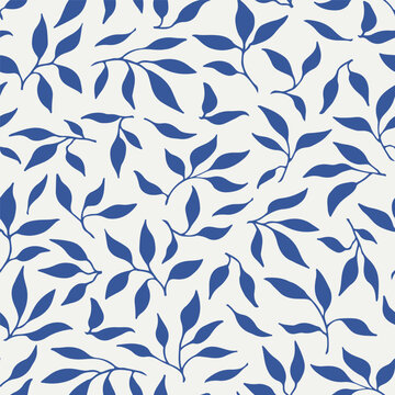 Elegante Vector seamless pattern decorative twigs with leaves elements, blue silhouette on beige. Hand drawn illustration. Background for design packaging, textile, wallpaper, fabric, wrapping paper