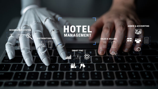 Robotic Hand and Human Hand Collaborating on Hotel Management System with Icons of Reservation, Sales, and Accounting on a Laptop Keyboard Quark.