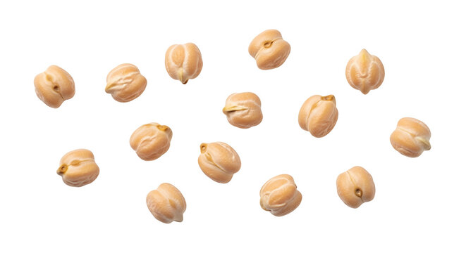 A bunch of chickpeas floating in the air on transparent background