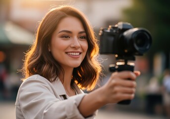 Young woman smiling while holding a camera on a gimbal outdoors during golden hour