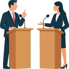 A man and woman engage in a formal debate at podiums
