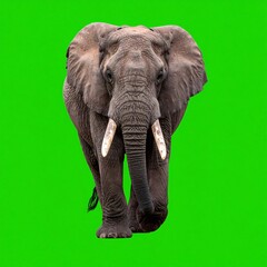Obraz premium Majestic African Elephant Walking Forward on Green Screen Background.