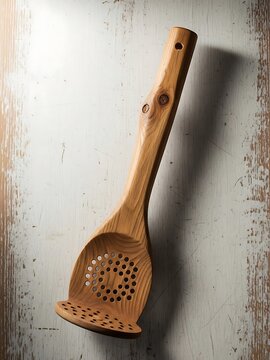 Artisan Crafted Wooden Skimmer on Rustic Painted Surface with Knothole