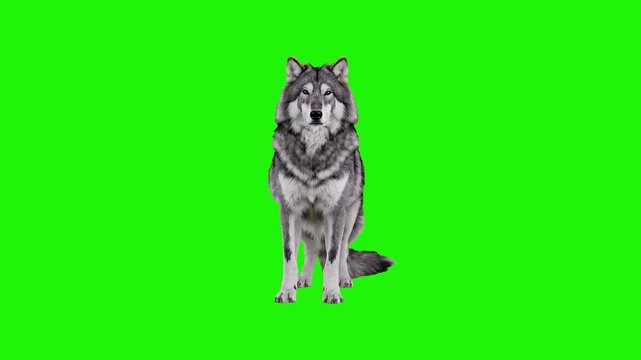 A high-quality 3D animation of a majestic grey wolf standing in a calm idle position against a chroma key green screen. The wolf looks directly at the camera, making it perfect for nature documentarie