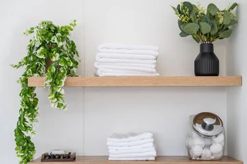 Minimalist Bathroom Interior with White Towels and Toiletries on shelf with greenery on white background © Rhonda