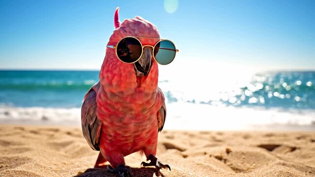Pink Galah parrot wearing sunglasses on a tropical sandy beach with sparkling ocean vista