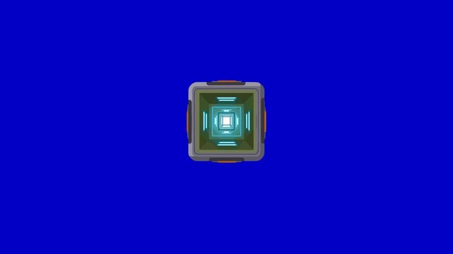 A flat-style 2D animated cube with cyan glowing lights. This futuristic geometric object rotates on a blue screen, perfect for tech-themed video overlays and HUD designs.