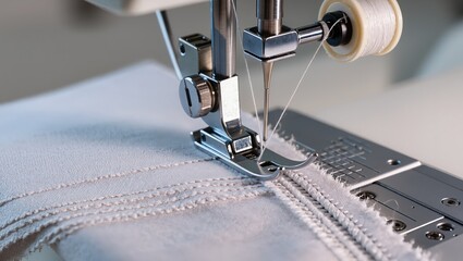 Close-up of sewing machine stitching white fabric with white thread, presser foot in action, highlighting textile production, garment making, and precise machine operation