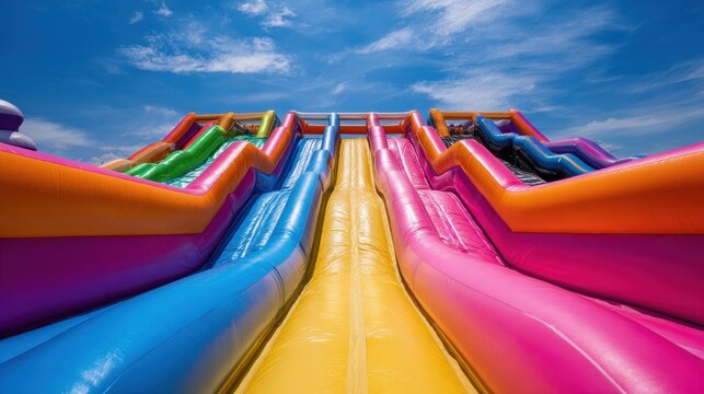 Colorful inflatable multi-lane slide on a bright blue sky with clouds