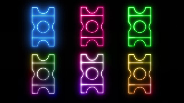 Set of glowing neon ticket shape animations in multiple vibrant colors on a black background, event, entertainment, ticketing, or promotion