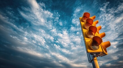 Naklejka premium Bright yellow traffic light against a dramatic sky with clouds, representing caution and alertness on the road in urban settings or traffic scenarios