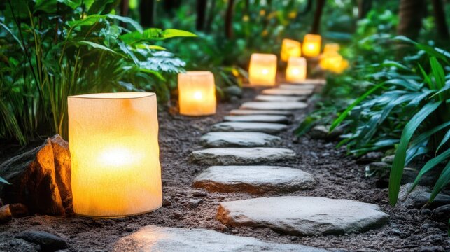 Illuminated Path: A tranquil stone pathway leads through a serene garden, with glowing lanterns casting a warm, inviting light. 