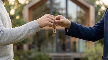 Caucasian man in a grey sweater gives keys to another caucasian man in a blue suit. Real estate deal concept for property purchase.