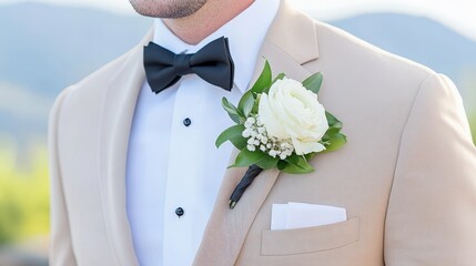 Elegant Suit with Boutonniere: A well-dressed gentleman in a tan suit, black bow tie, and fresh boutonniere radiates sophistication and style. This image captures the essence of classic elegance.