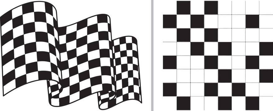 A high-contrast monochrome graphic featuring a bold, waving checkered flag alongside a minimalist grid containing a scattered, abstract pattern of black squares on a white background.