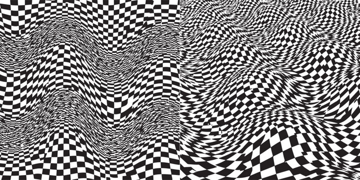 Mesmerizing monochrome vector showcasing liquid-like checkered waves and a warped psychedelic grid, creating a disorienting sense of fluid motion and three-dimensional optical distortion.