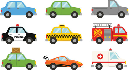 Cartoon vehicle collection, car, taxi, police, ambulance, fire truck illustration set isolated on white background transportation service design icons © Hanif World