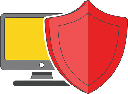A large red shield icon protects a computer monitor displaying a yellow screen, symbolizing digital security.