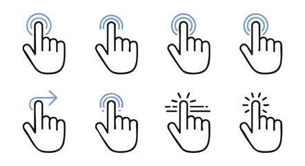 Obraz premium Hand cursor icons set, pointer finger for touch screen, clicking and swiping actions