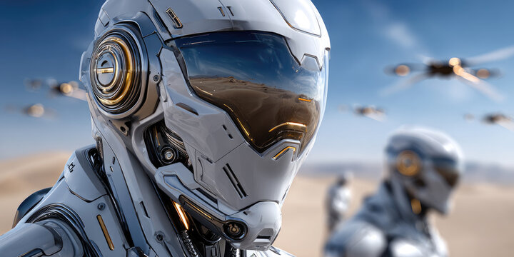 Humanoid robots in high-tech armor engaged in future combat, firing laser weapons with a drone providing aerial support across a dusty, sandy desert battlefield