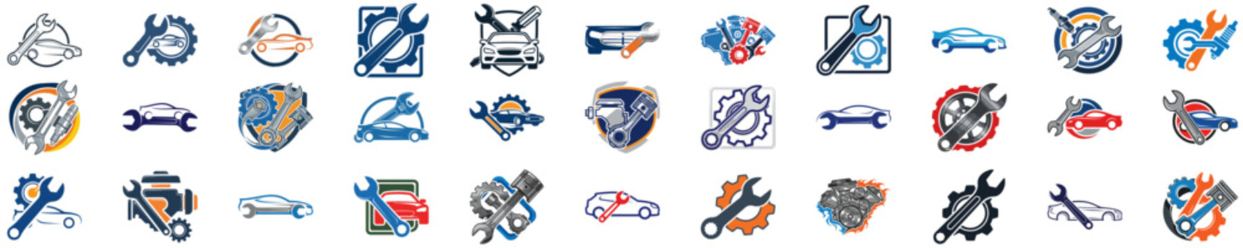 Auto service icons vector set in modern flat style. Car repair symbols with wrench, gear, engine, piston and vehicle elements. Professional automotive maintenance icons on transparent background