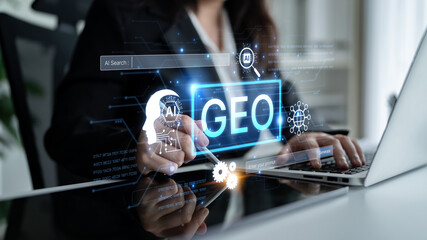 Fototapeta premium Digital marketing concept featuring GEO strategy. Generative AI search visual shows GEO interface integrating intelligence, logic, and AI input system for prompt tasks. Corpus