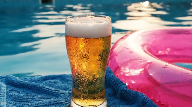 Close-up of Cold Beer Glass with Dew Drops by Swimming Pool and Pink Inflatable Ring on Blue Towel on a Sunny Day