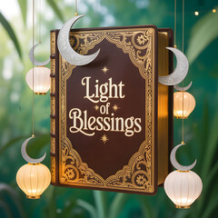 Ornate Book "Light of Blessings" with Hanging Crescent Moons and Lanterns &mdash; Luxurious Spiritual Eid and Ramadan Illustration