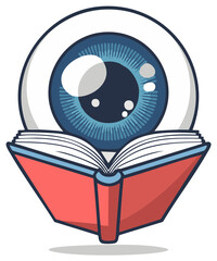 Animated Eyeball Character Reading an Open Book with Blue Iris and Red Cover