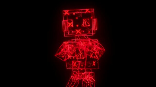 Red Neon 3D Robot Hologram Performing Cyber Attack Concept