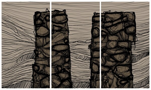 Modern interior triptych. The picture is painted by hand on a tablet.