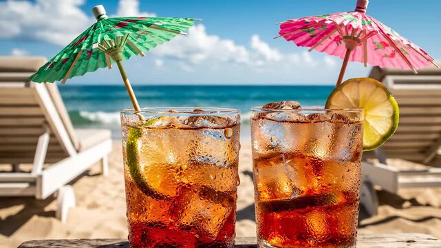 Refreshing tropical cocktail on a wooden beach table, featuring changing decorative umbrellas, ice, and lime slice, with ocean backdrop