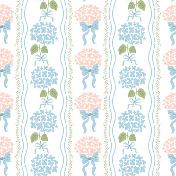 Preppy striped coquette seamless pattern. Elegant grandmillennial hydrangea flowers, ribbon bow wallpaper, textile design, repeat background, print, fabric. Vector blue and pink floral illustration.