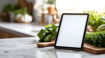 Fototapeta premium Digital tablet mockup with blank white screen on marble kitchen counter with fresh vegetables