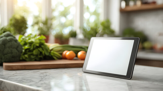 Digital tablet mockup with blank white screen on marble kitchen counter with fresh vegetables