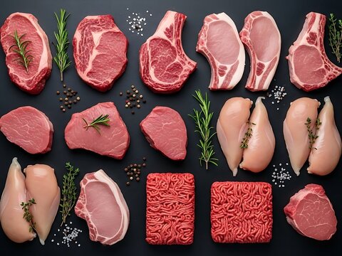 Diverse assortment of fresh meats displayed on a dark surface backdrop