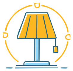 Doodle style table lamp with glowing light and warm yellow lampshade illustration