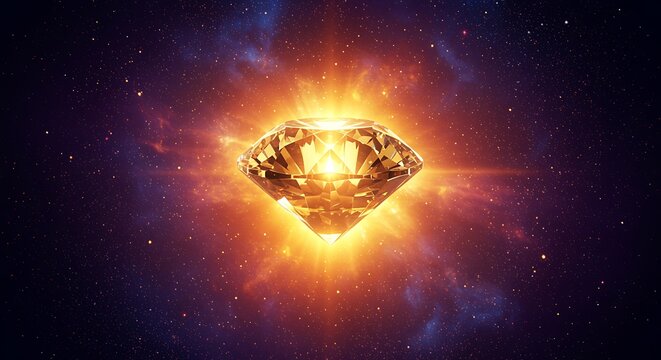 Large glowing diamond gemstone in space with stars and galaxy background  shining brightly with orange light