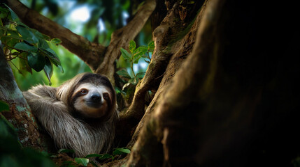 Fototapeta premium sloth lying in tree, lazy sloth on branch, peaceful sloth in rainforest